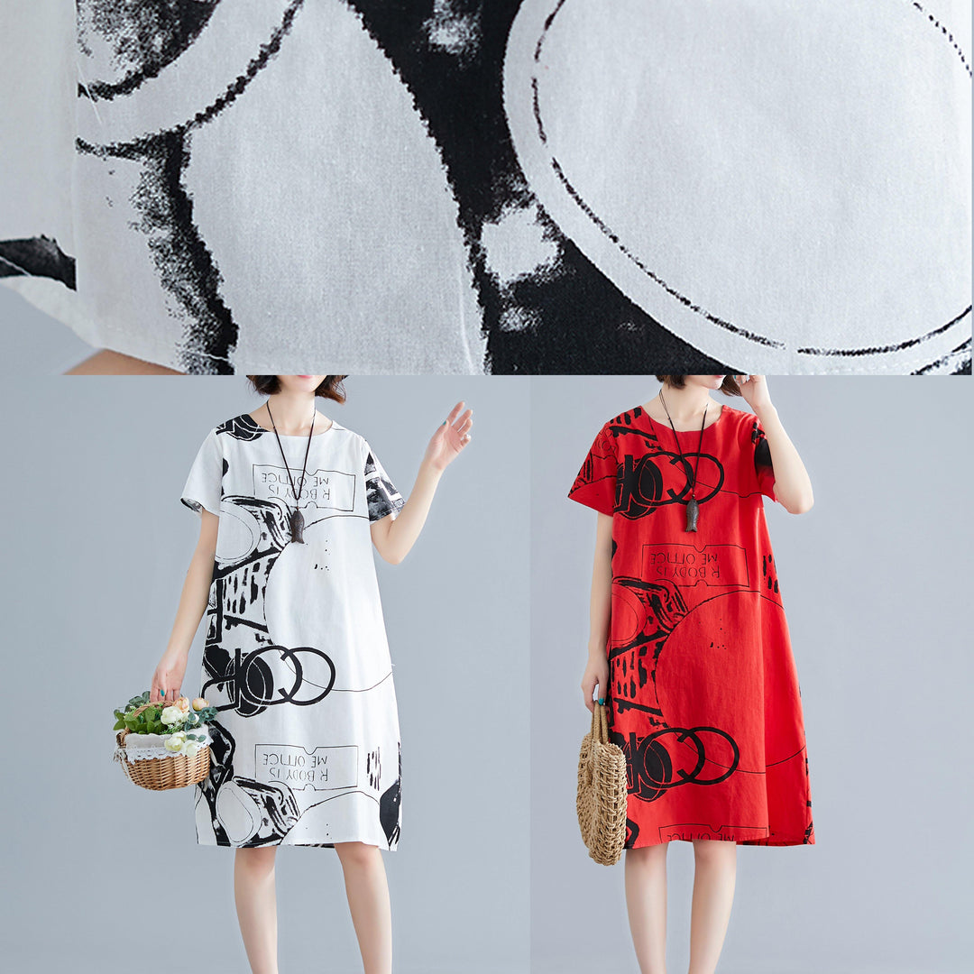White Printed O-Neck Linen Shift Dress