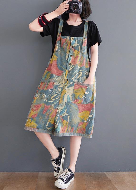 Light Blue Print Pocket Overall Shorts
