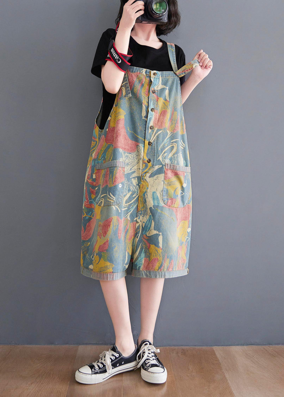 Light Blue Print Pocket Overall Shorts