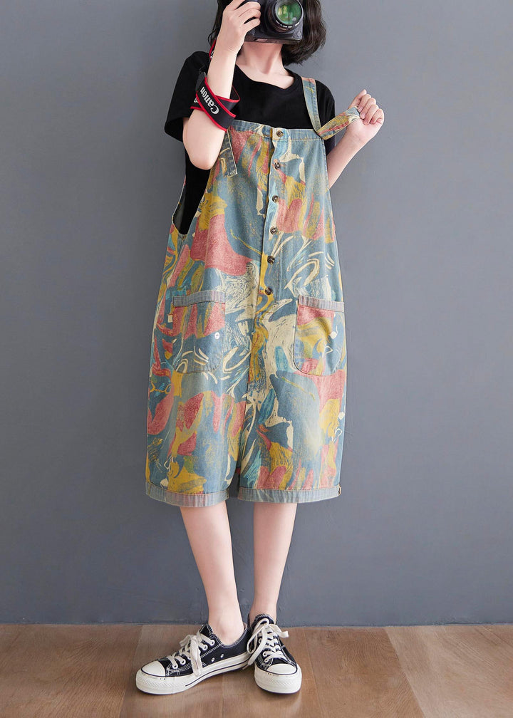 Light Blue Print Pocket Overall Shorts