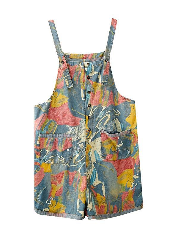 Light Blue Print Pocket Overall Shorts