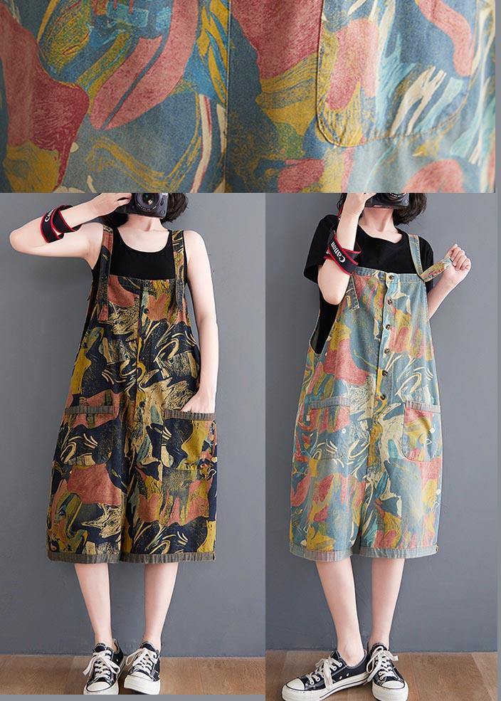 Light Blue Print Pocket Overall Shorts