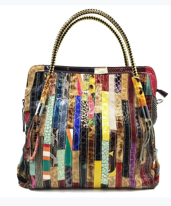 Snake Stripe Cowhide Patchwork Tote