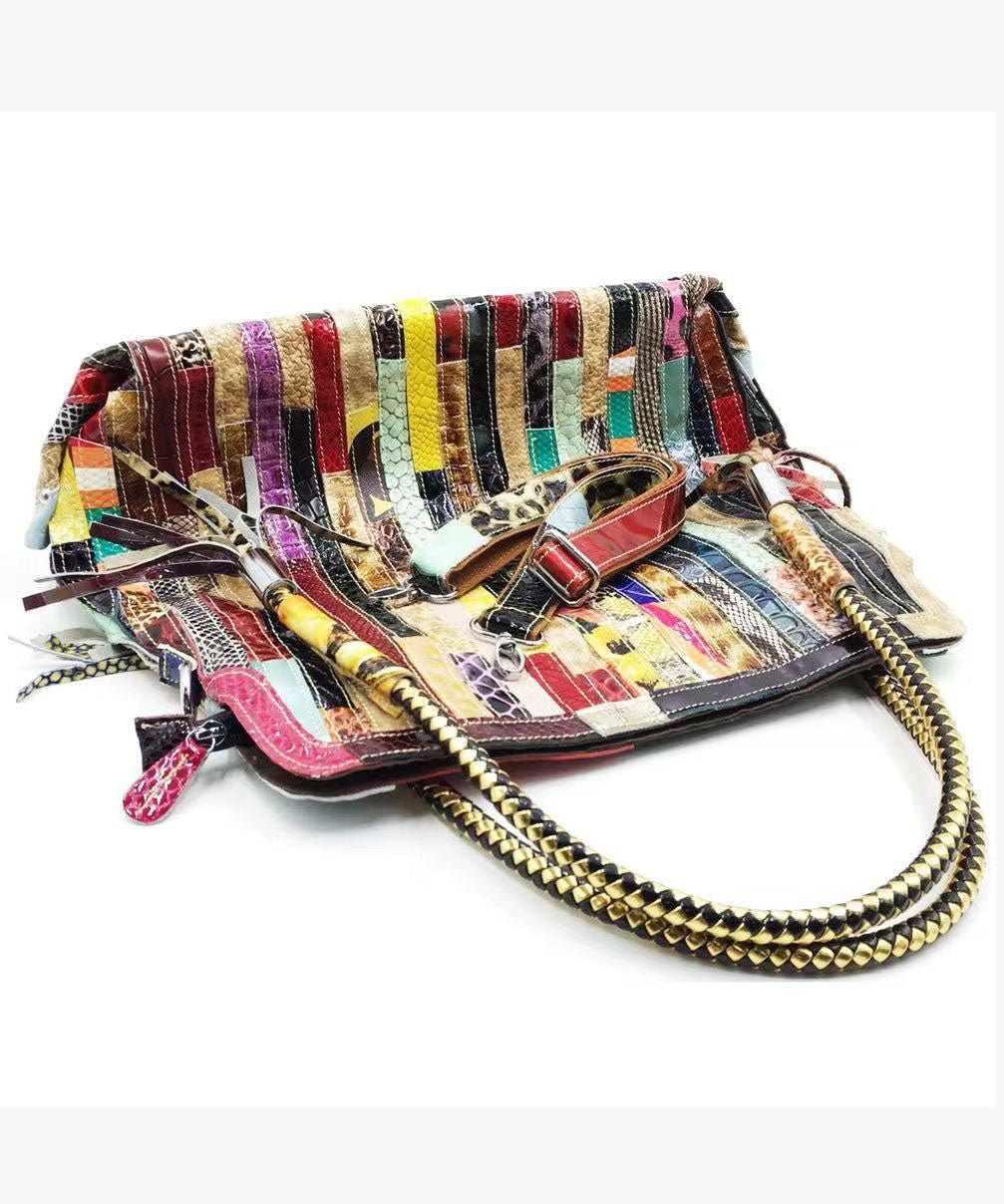 Snake Stripe Cowhide Patchwork Tote