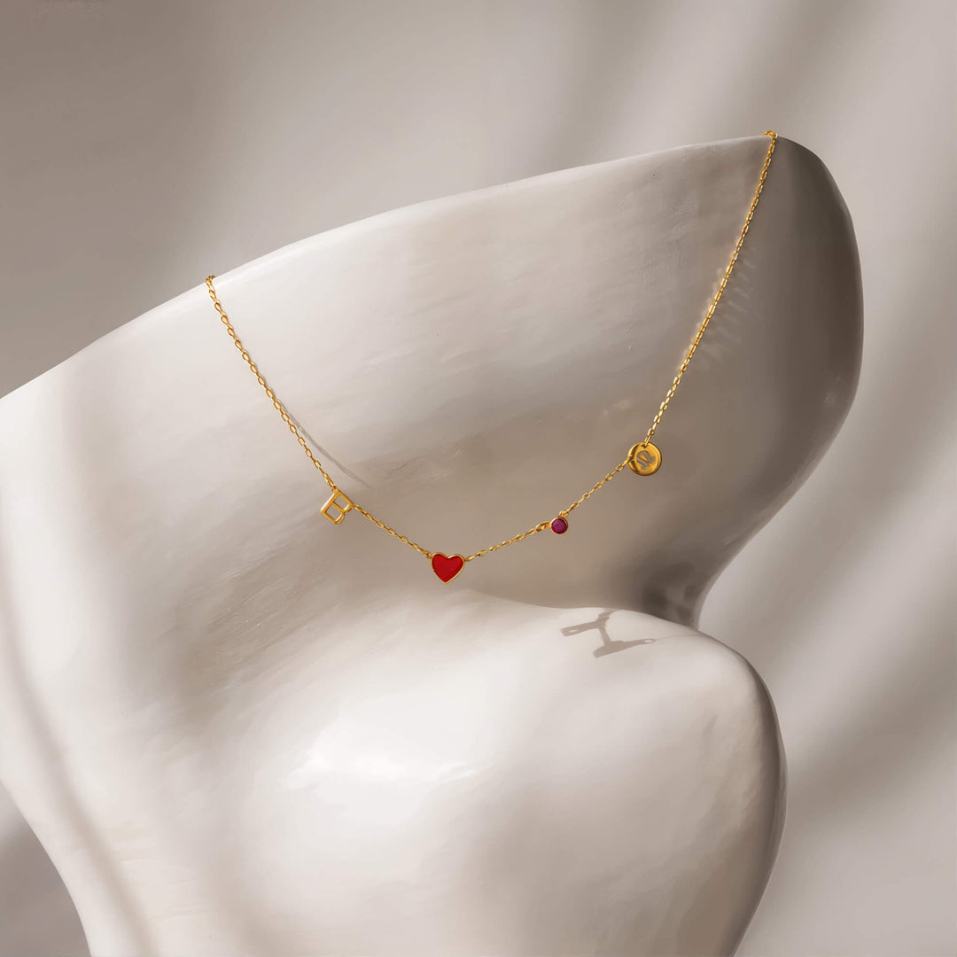 Custom Initial Heart Necklace with Birthstone and Zodiac Sign