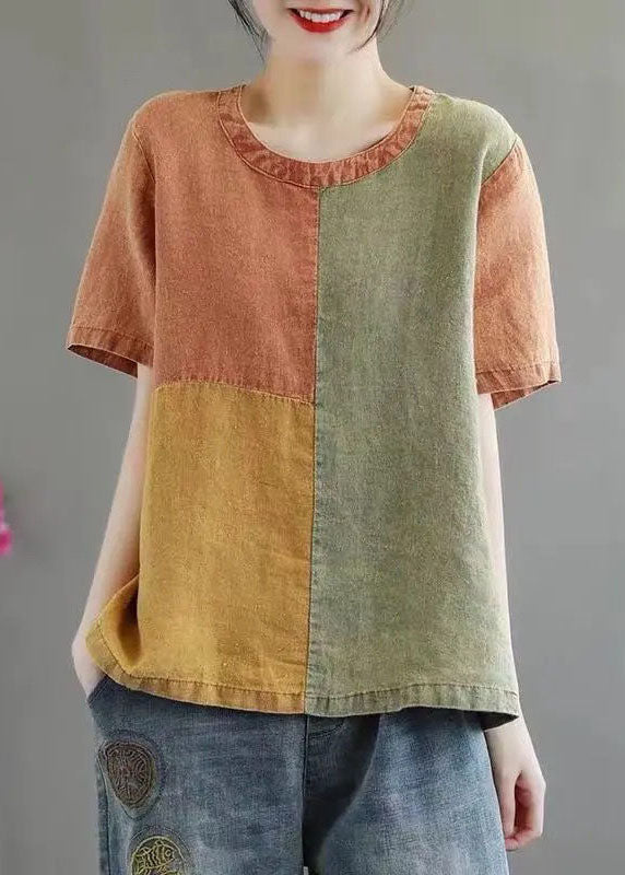 Orange Patchwork Linen Tank Top