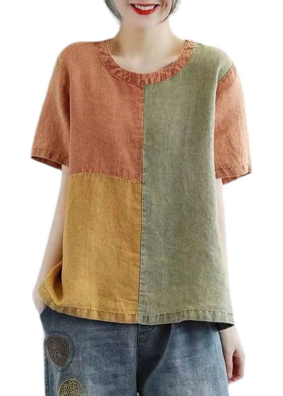 Orange Patchwork Linen Tank Top