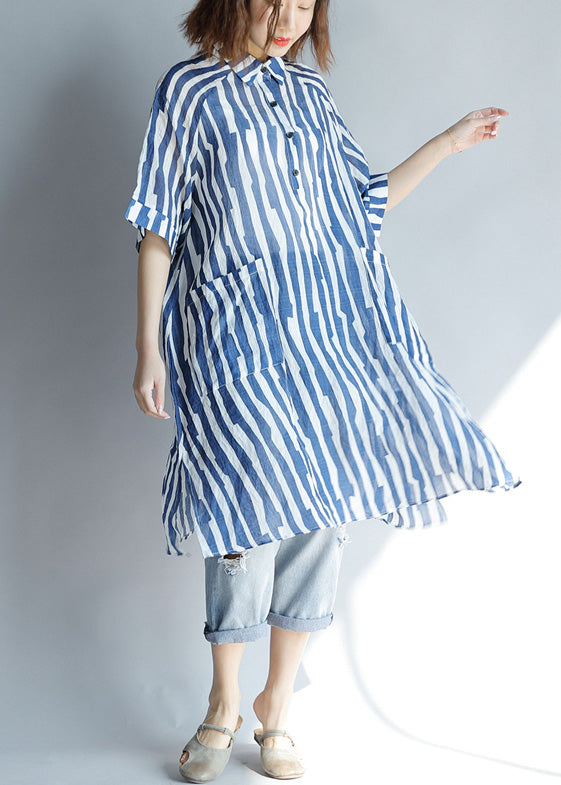 Blue Striped A-Line Lapel Tunic Dress