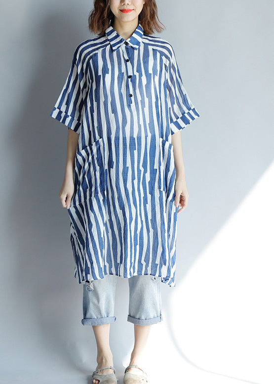 Blue Striped A-Line Lapel Tunic Dress