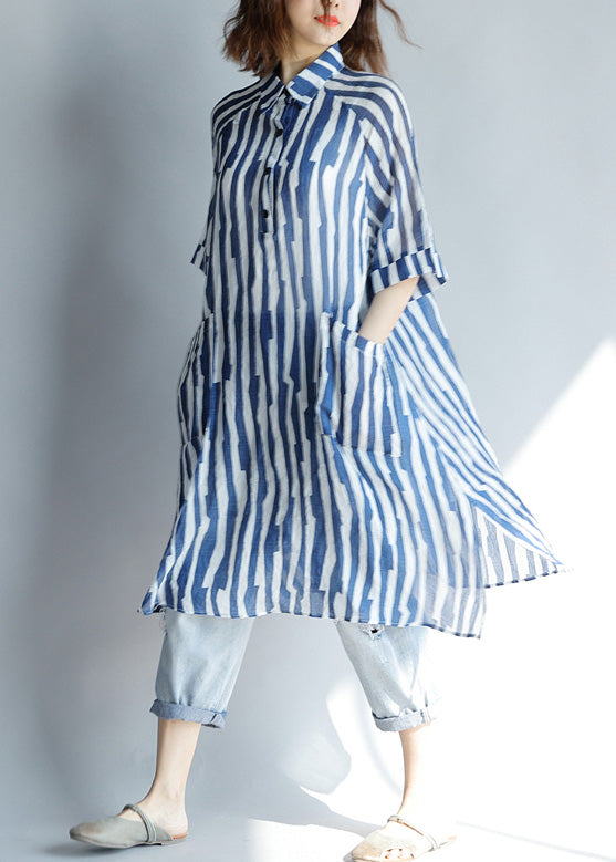 Blue Striped A-Line Lapel Tunic Dress