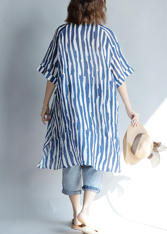 Blue Striped A-Line Lapel Tunic Dress