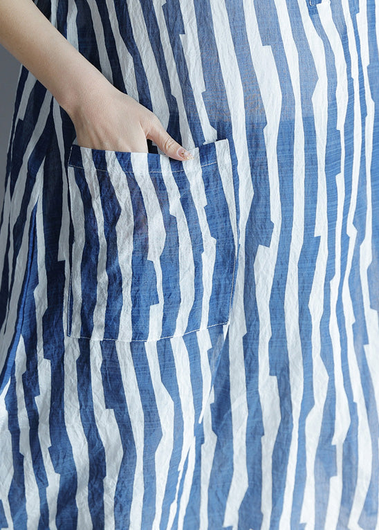 Blue Striped A-Line Lapel Tunic Dress