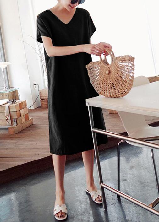 Black Side-Open Linen Cotton Dress