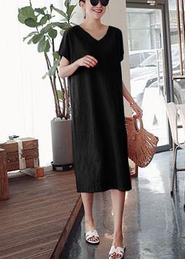 Black Side-Open Linen Cotton Dress