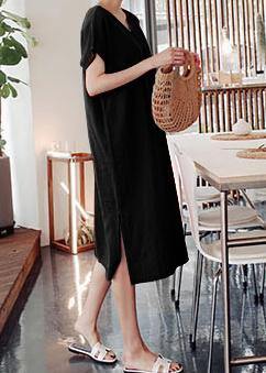 Black Side-Open Linen Cotton Dress