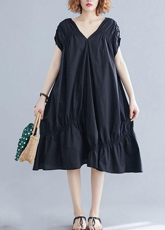 Black V-Neck Cinched Cotton Dress