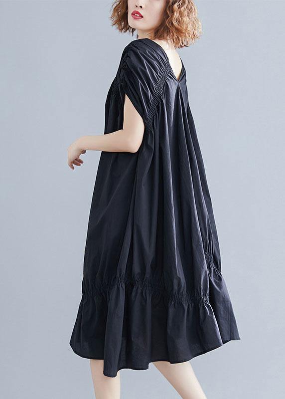Black V-Neck Cinched Cotton Dress
