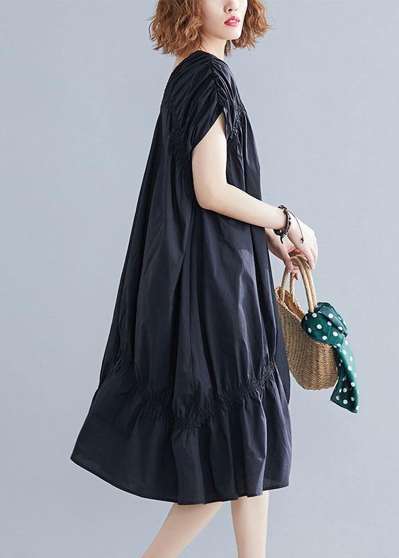 Black V-Neck Cinched Cotton Dress