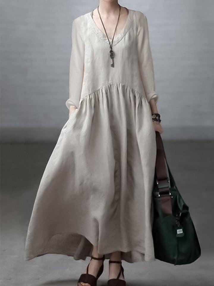 Casual Cotton Linen V-Neck Dress