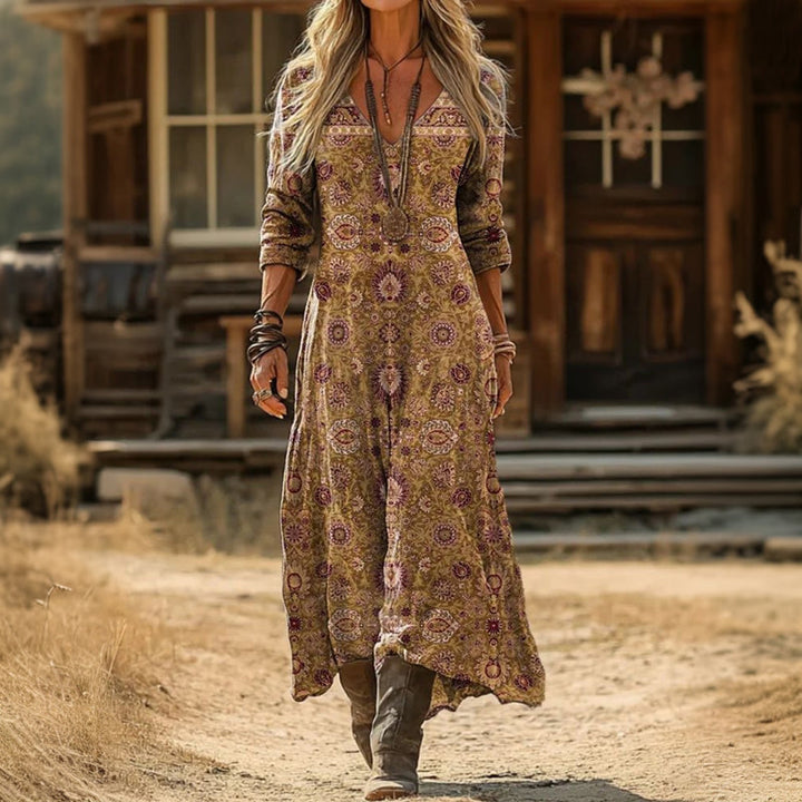 Bella | Long Sleeves Vintage Ethnic Print Dress