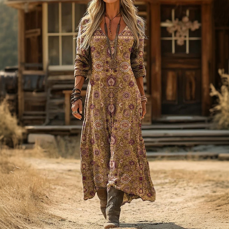 Bella | Long Sleeves Vintage Ethnic Print Dress