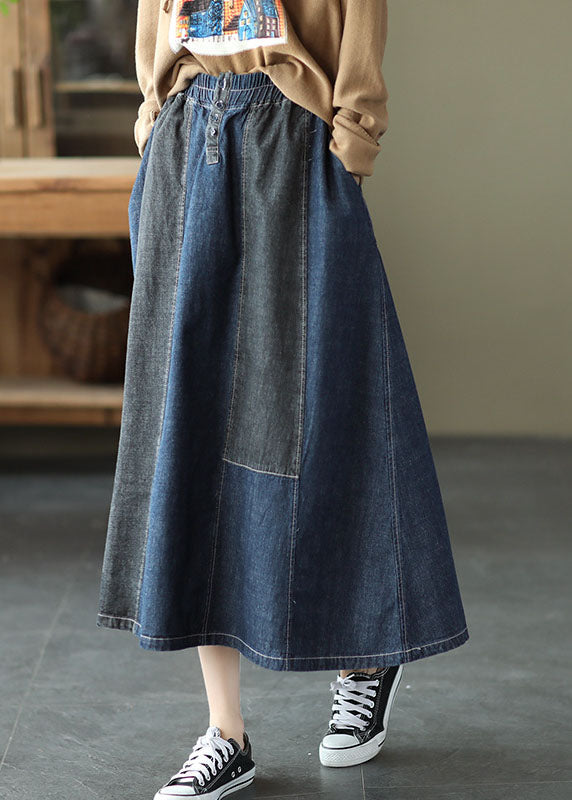 Dark Blue Denim Skirt with Elastic Waist and Button Spring