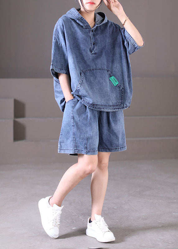 Denim Blue Hooded Two-Piece Set