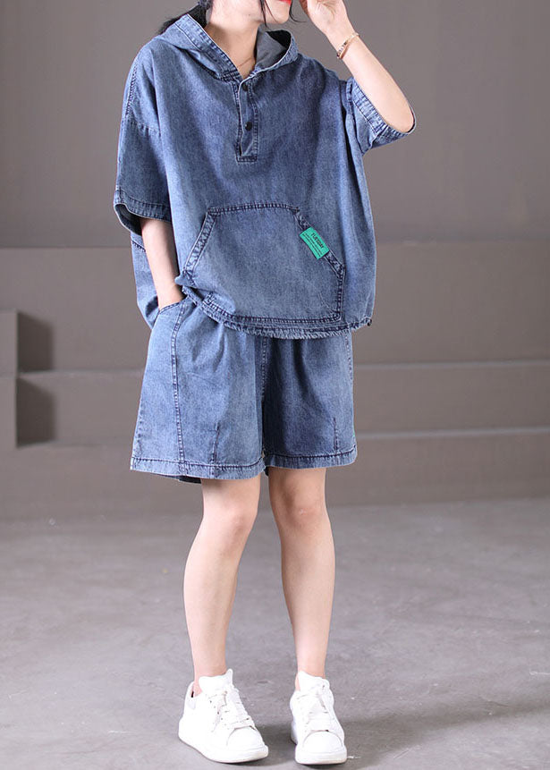 Denim Blue Hooded Two-Piece Set