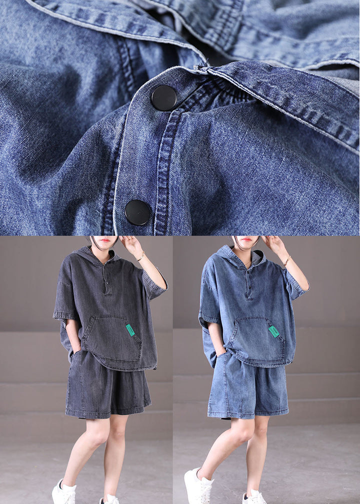 Denim Blue Hooded Two-Piece Set
