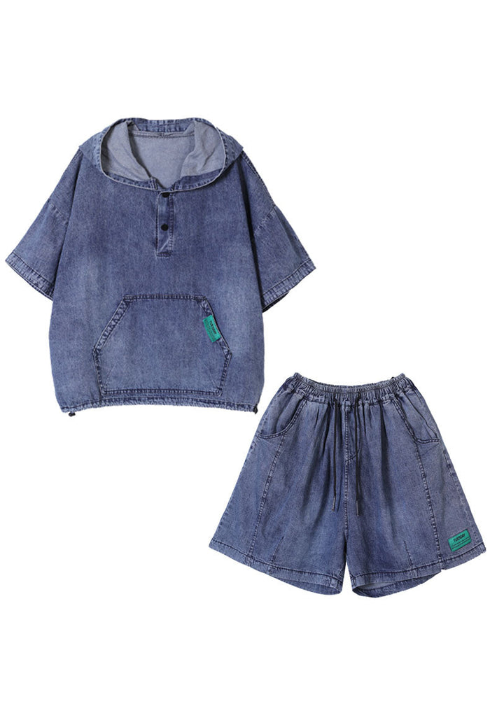Denim Blue Hooded Two-Piece Set