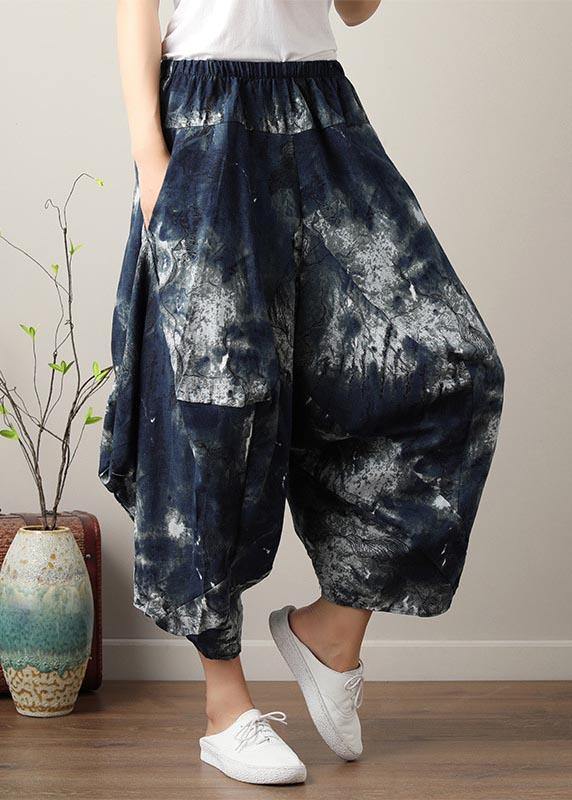 Denim Blue Elastic Waist Cotton Linen Summer Harem Pants
