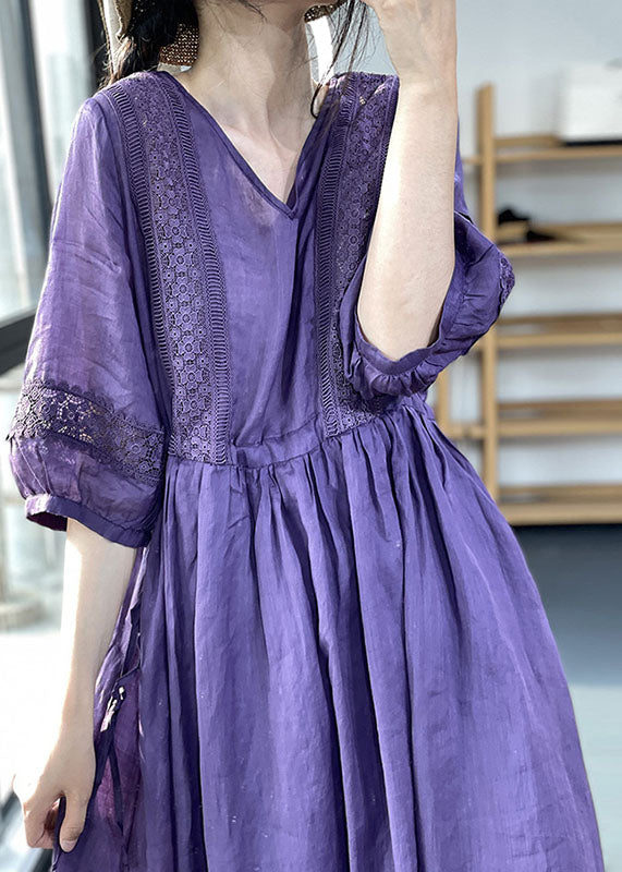 Lilac Lace Patchwork Lantern Sleeve Dress