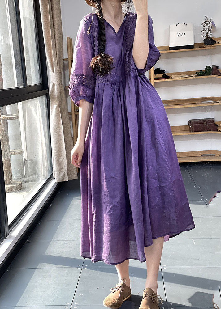 Lilac Lace Patchwork Lantern Sleeve Dress
