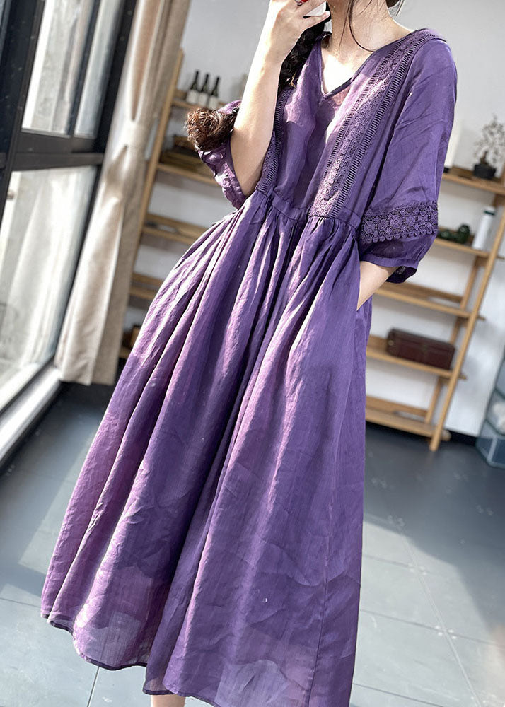 Lilac Lace Patchwork Lantern Sleeve Dress