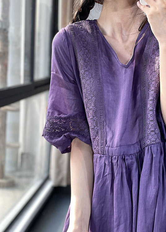 Lilac Lace Patchwork Lantern Sleeve Dress