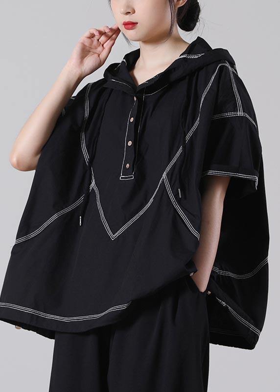Black Drawstring Cotton Summer Blouse