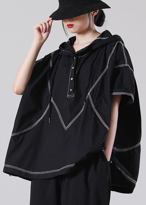 Black Drawstring Cotton Summer Blouse