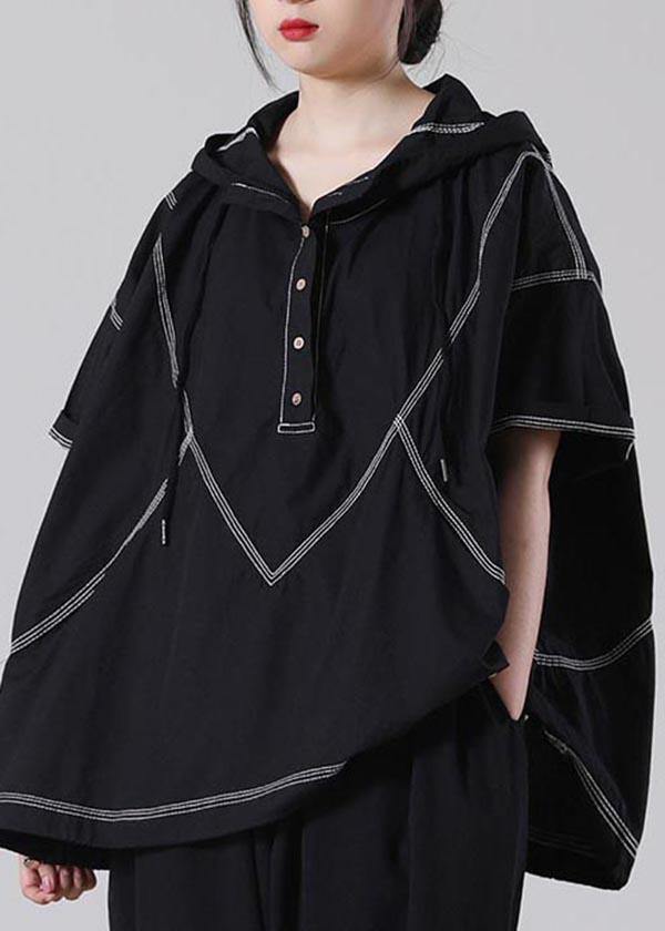 Black Drawstring Cotton Summer Blouse