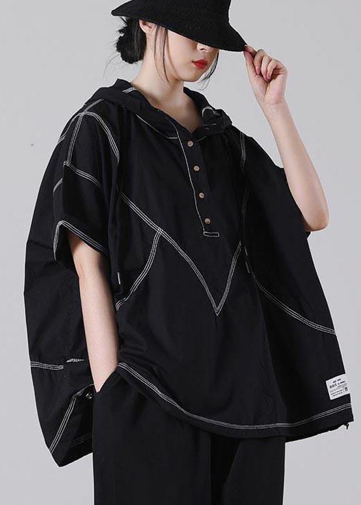 Black Drawstring Cotton Summer Blouse