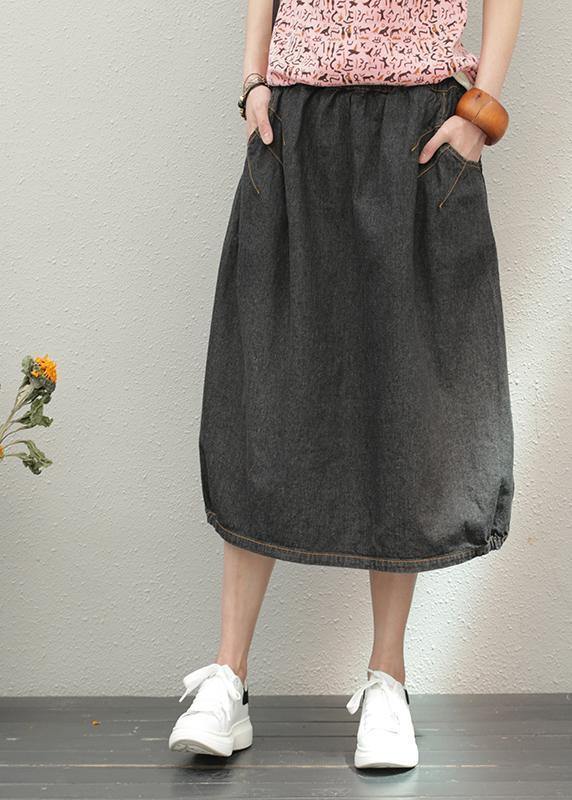Elastic Waist Midi Length Loose A-Line Denim Skirt