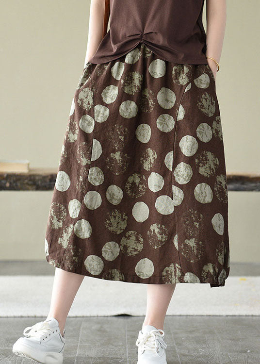 Coffee Elastic Waist Pocket Linen Skirt
