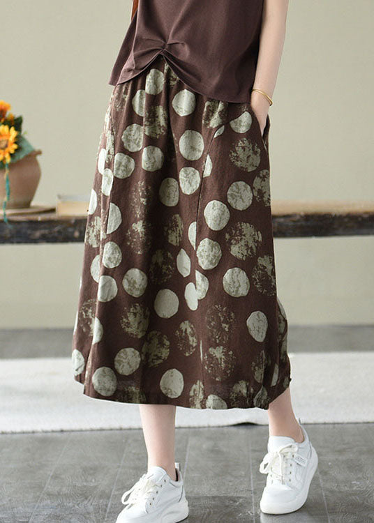 Coffee Elastic Waist Pocket Linen Skirt