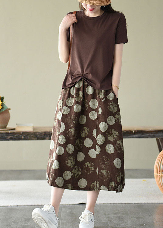Coffee Elastic Waist Pocket Linen Skirt
