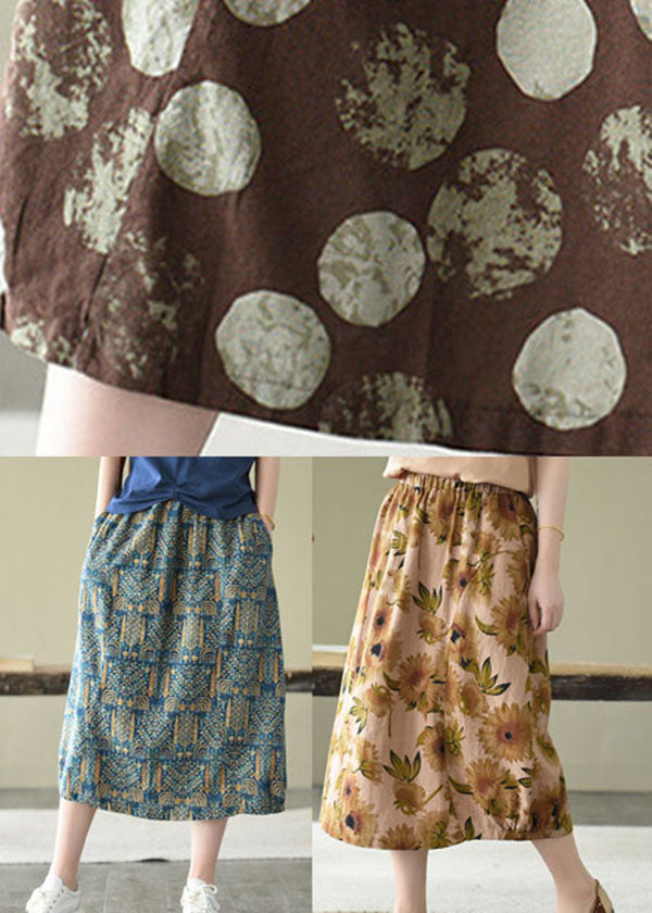 Coffee Elastic Waist Pocket Linen Skirt