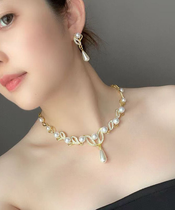Gold Pearl Zircon Pendant Necklace