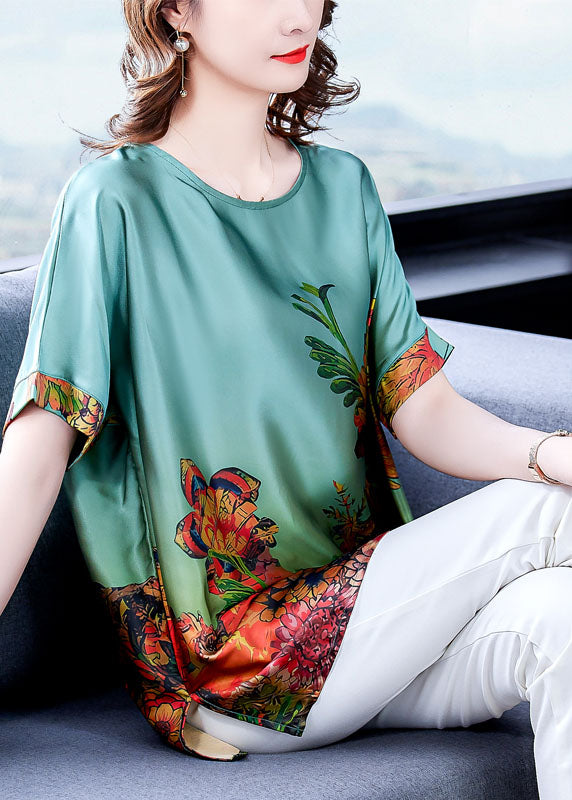 Green O-Neck Print Silk Top