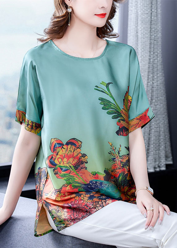 Green O-Neck Print Silk Top
