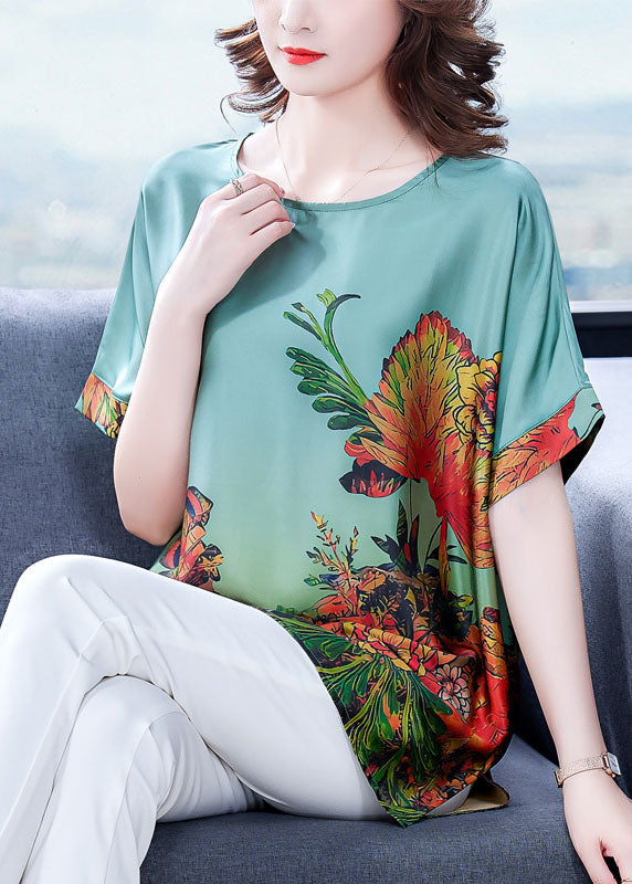 Green O-Neck Print Silk Top