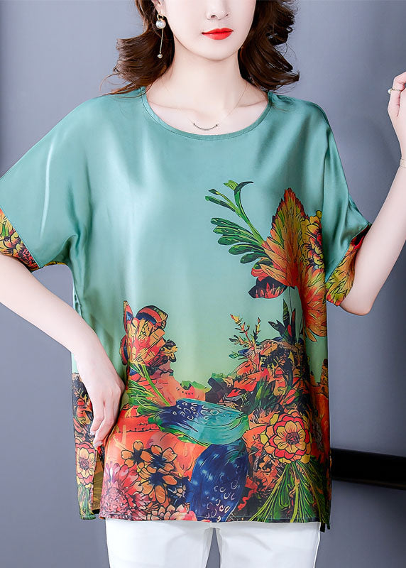 Green O-Neck Print Silk Top