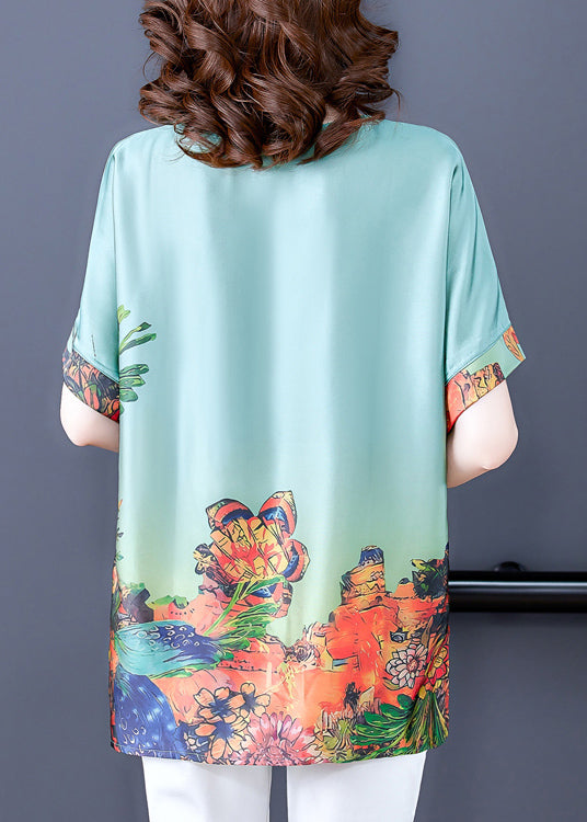 Green O-Neck Print Silk Top